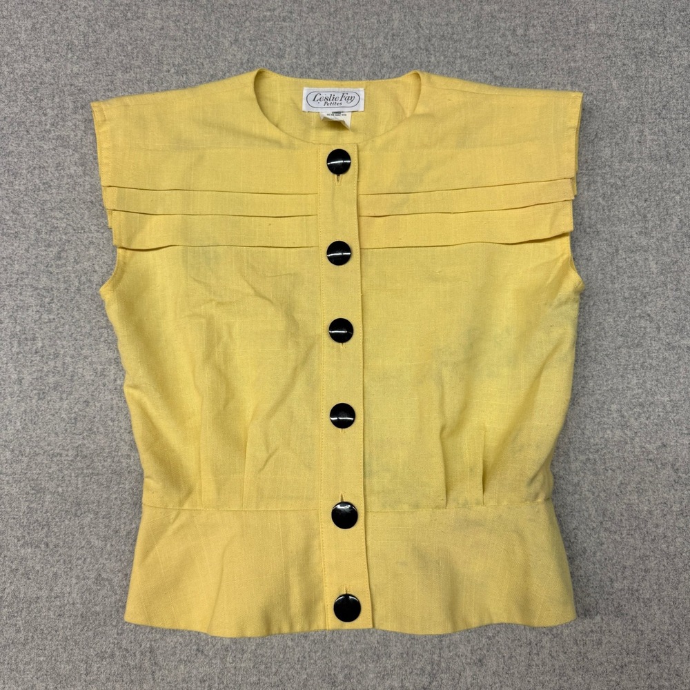 Leslie Fay Petites Vintage Sleeveless Peplum Top Size 8 Yellow Black Buttons USA